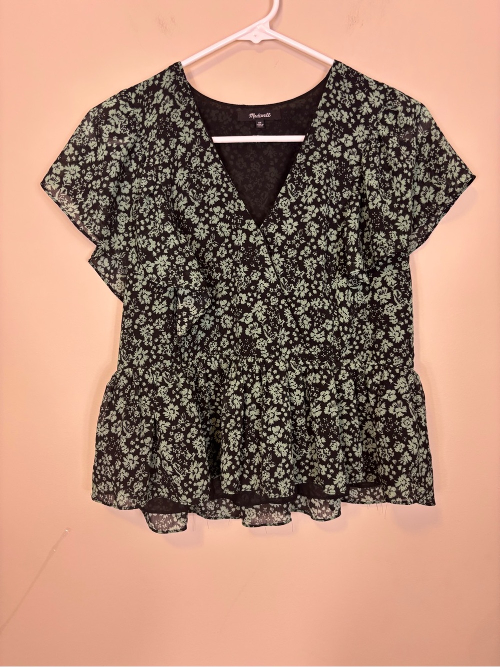 Madewell Black V-Neck Peplum Top with Mint Floral Print Blouse XS
